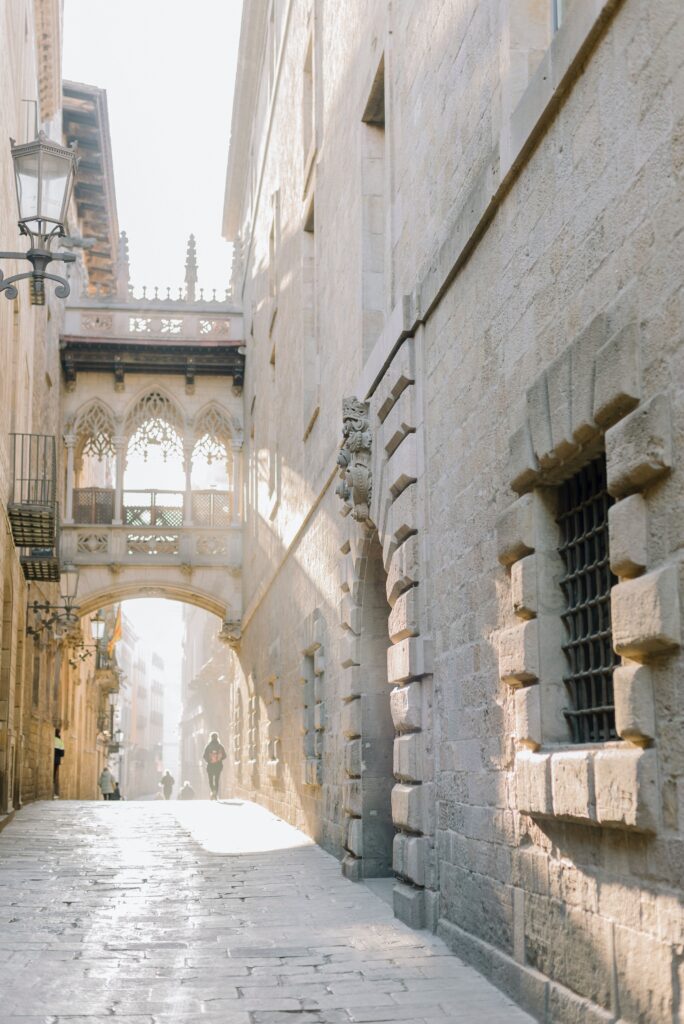 Carre del Bisbe City Street in Barcelona, Spain.  Look for the best hotels in the gothic quarter in Barcelona