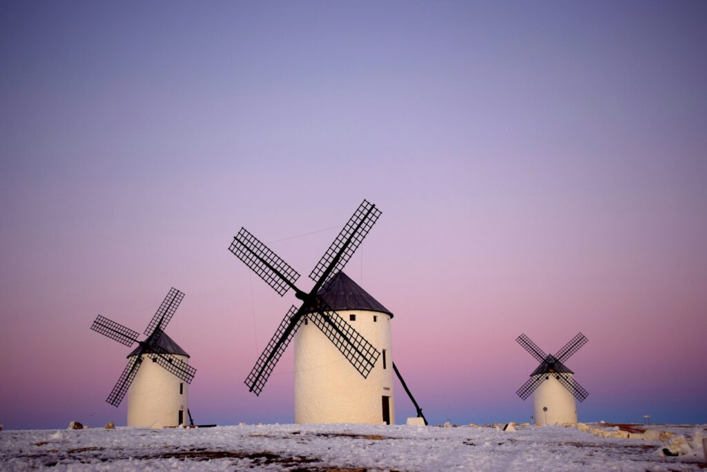Incredible light on the windmills of Campo de Criptana after a snow. 