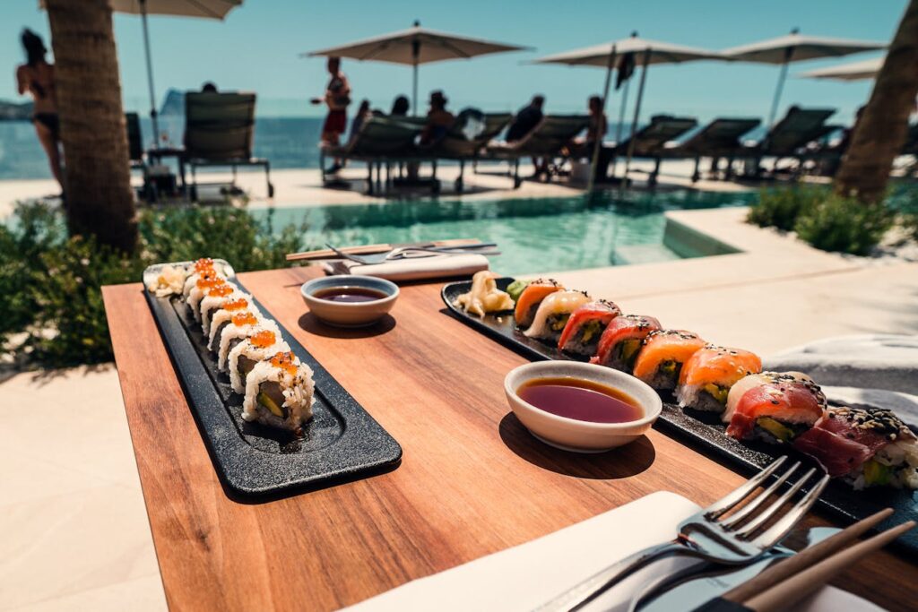 Ibiza hotel with a plate of sushi