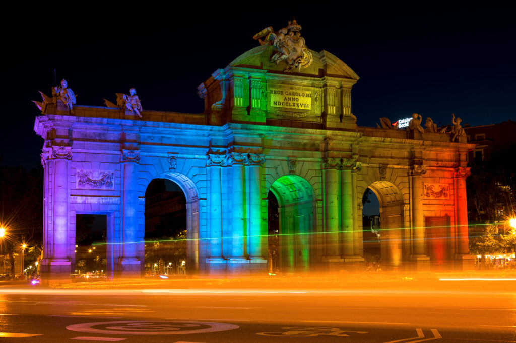 Alcala Gate in Madrid Celebrating World Pride Week Illuminated in Rainbow Colors