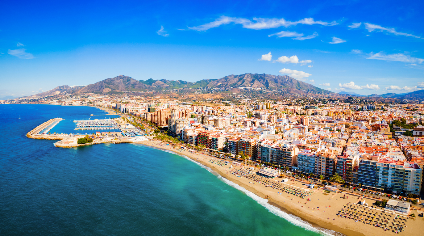 Fuengirola city beach and port aerial panoramic view