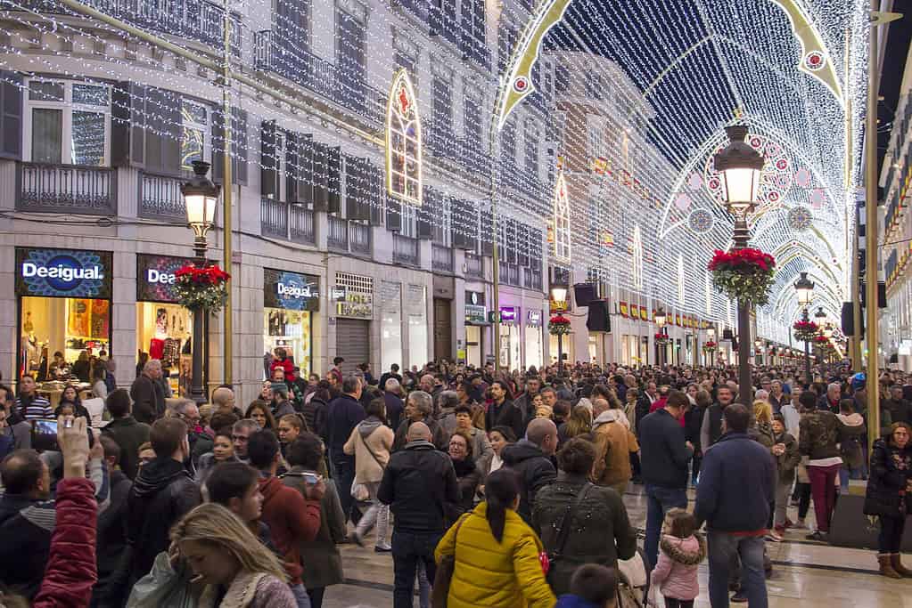 Malaga, Spain - December 9, 2017: Christmas decorations and light show in the center of Malaga (c walking street)