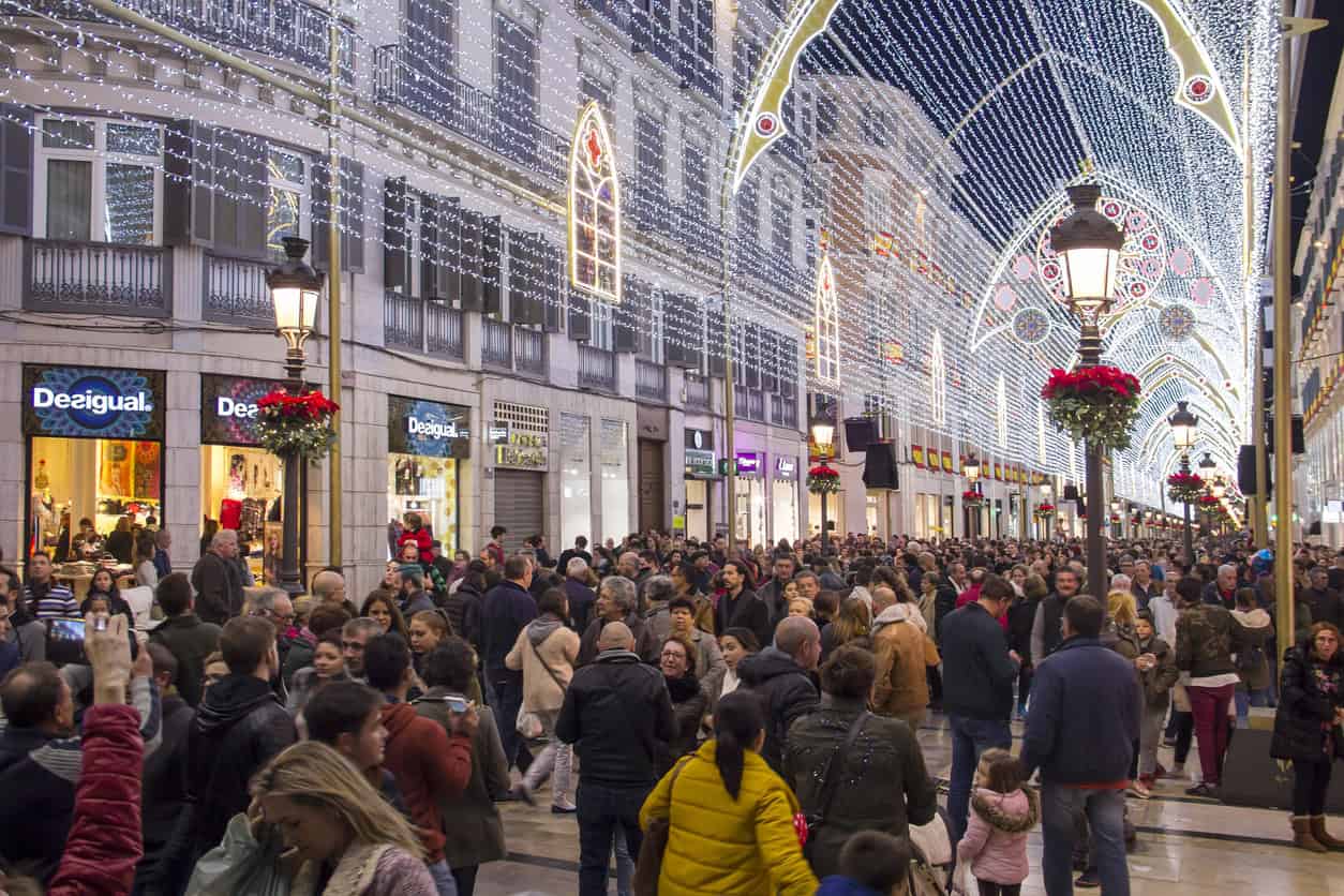 Malaga, Spain - December 9, 2017: Christmas decorations and light show in the center of Malaga (c walking street)