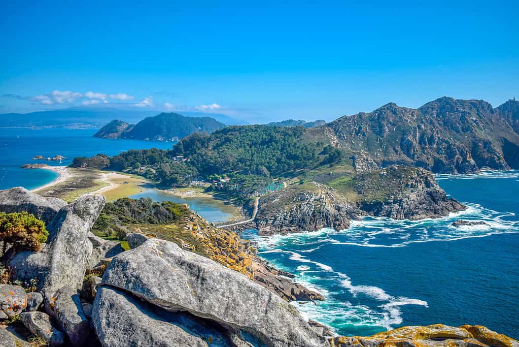 Cies Islands, Vigo, Spain. Vigo estuarys greatest treasure. Galicia Island connected by beach Playa de Rodas.