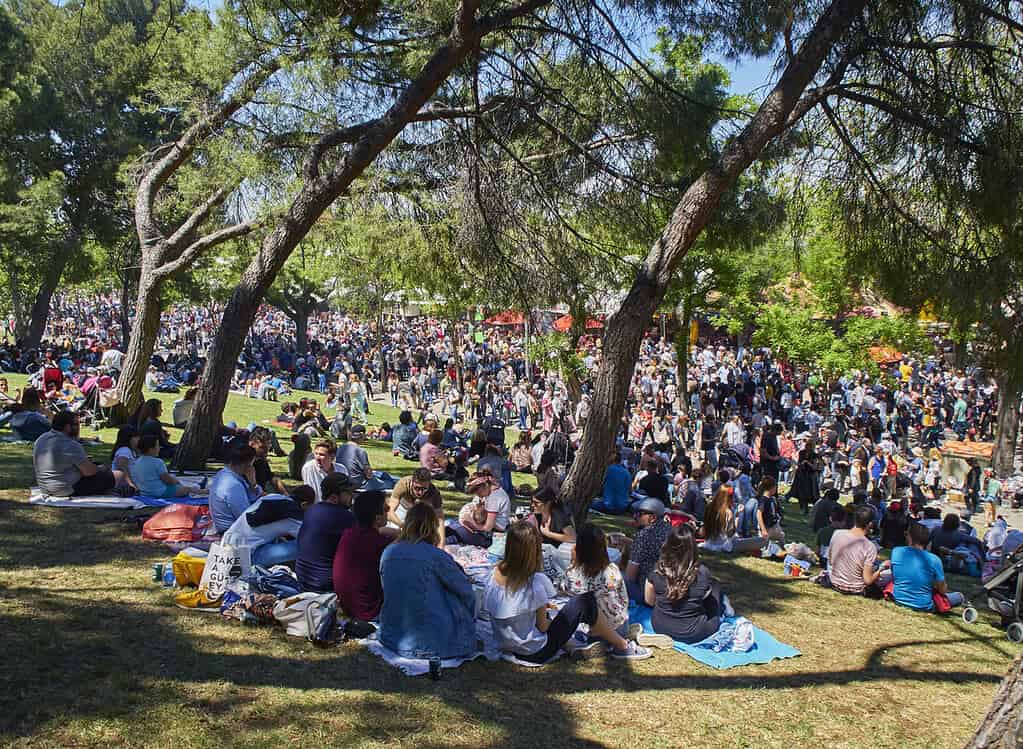 Madrid, Spain - May 15, 2018. Citizens honoring its patron, Saint Isidro Labrador, at San Isidro festivity fair, in Pradera de San Isidro park of Madrid. San Isidro Festival in Madrid.