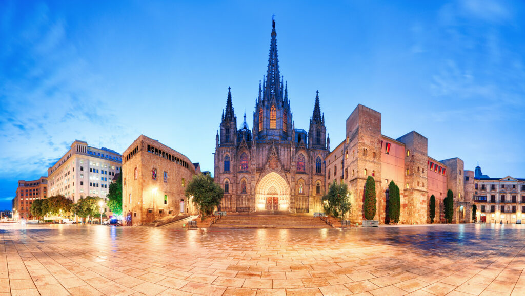 Cathedral of Barcelona, Gothic city at night, panorama in Barcelona Spain Gothic Quarter