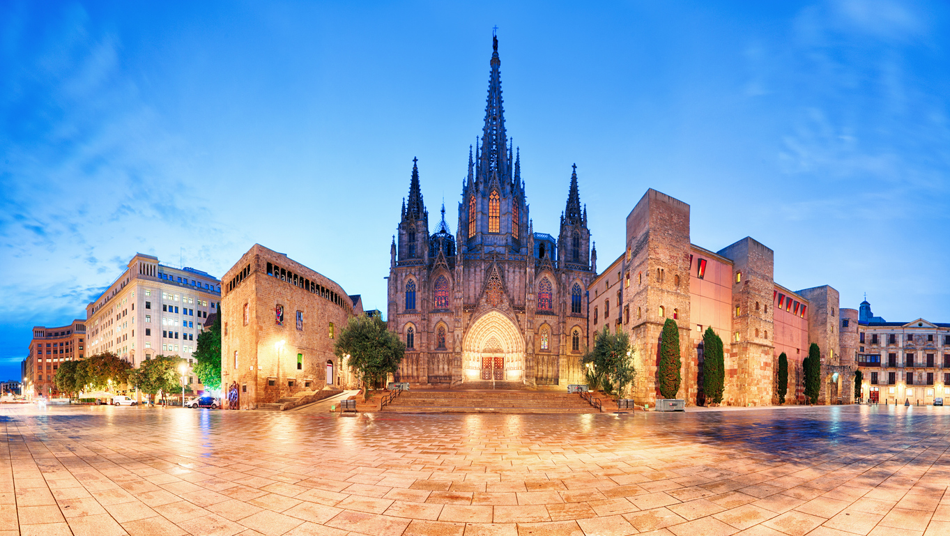 Cathedral of Barcelona, Gothic city at night, panorama in Barcelona Spain Gothic Quarter