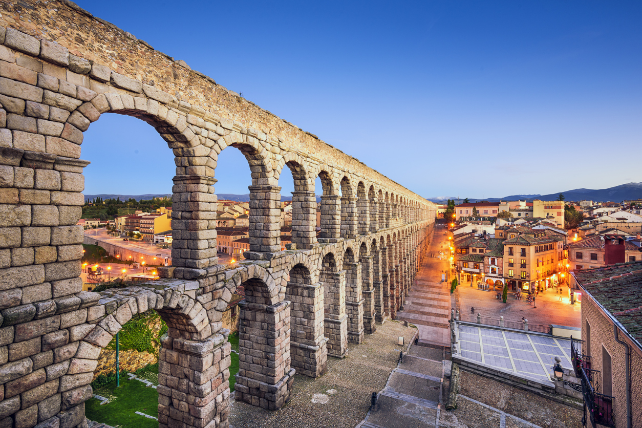 View of Segovia Spain with aqueduct, cathedral, and old town streets