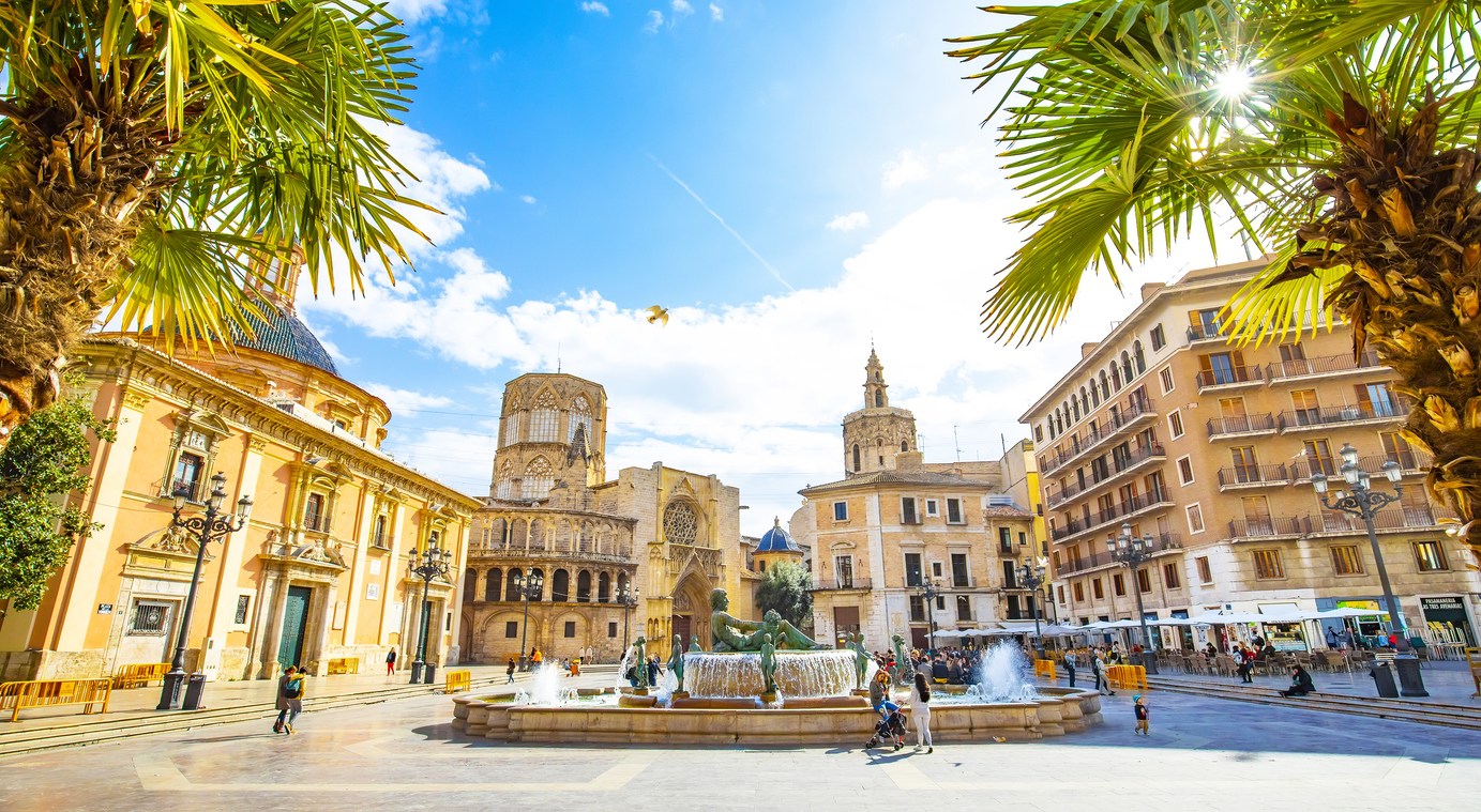Valencia, Spain - 4 March, 2020: Panoramic view of Plaza de la Virgen (Square of Virgin Saint Mary) and old town. Spend 24 hours in Valencia